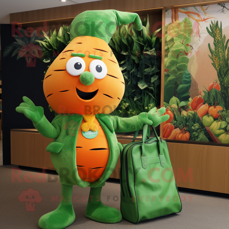 Forest Green Carrot mascot costume character dressed with a Playsuit and Handbags Forest Green Carrot mascot costume character dressed with a Playsuit and Handbags