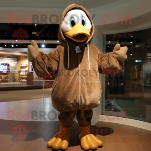 Brown Goose mascot costume character dressed with a Hoodie and Beanies