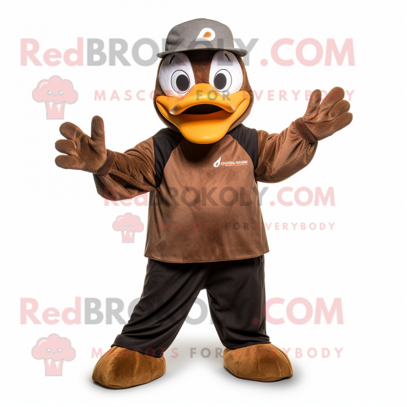 Brown Goose mascot costume character dressed with a Hoodie and Beanies