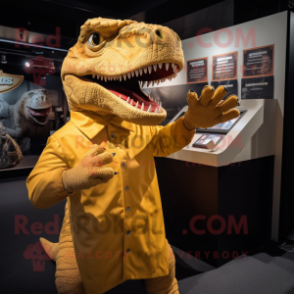 Gold T Rex mascot costume character dressed with a Pleated Skirt and Mittens