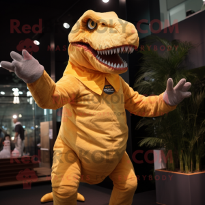 Gold T Rex mascot costume character dressed with a Pleated Skirt and Mittens