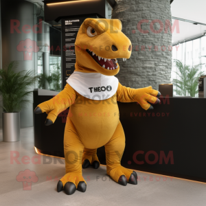 Gold T Rex mascot costume character dressed with a Pleated Skirt and Mittens