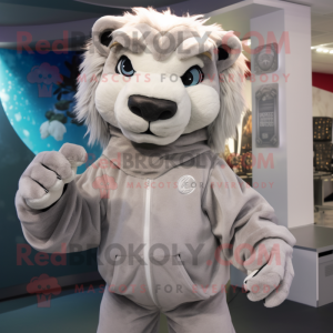 Silver Smilodon mascot costume character dressed with a Hoodie and Brooches
