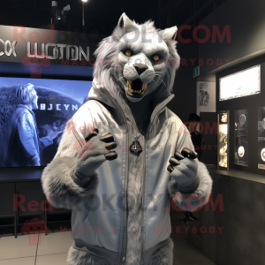 Silver Smilodon mascot costume character dressed with a Hoodie and Brooches