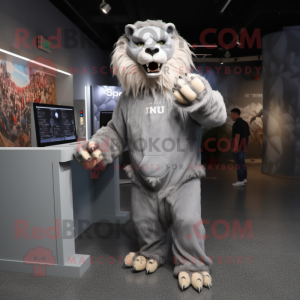 Silver Smilodon mascot costume character dressed with a Hoodie and Brooches