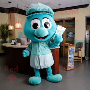 Teal Pho mascot costume character dressed with a Romper and Tie pins