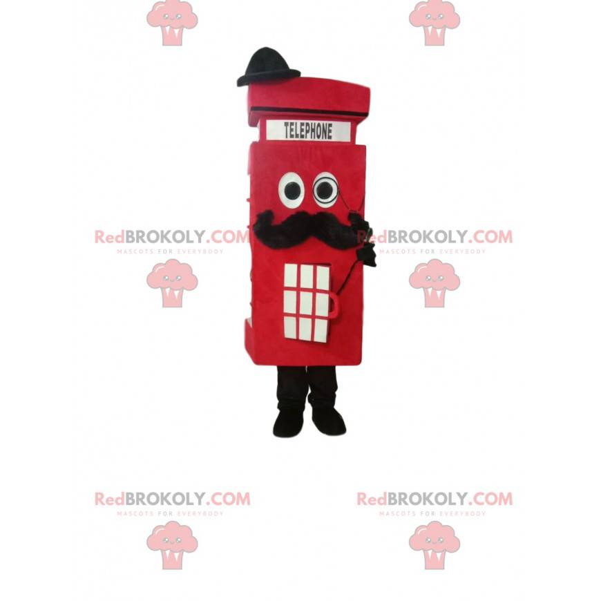 Red telephone booth mascot with a black mustache -