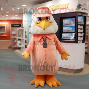 Peach Bald Eagle mascot costume character dressed with a Wrap Dress and Caps