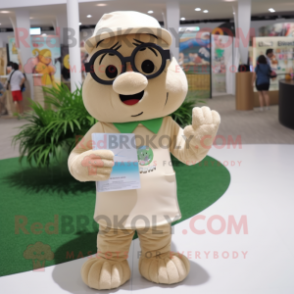 Beige Bracelet mascot costume character dressed with a Romper and Reading glasses