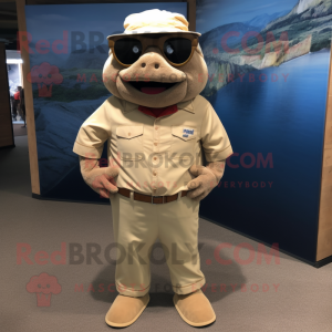 Tan Cod mascot costume character dressed with a Corduroy Pants and Eyeglasses