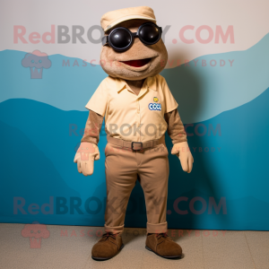 Tan Cod mascot costume character dressed with a Corduroy Pants and Eyeglasses
