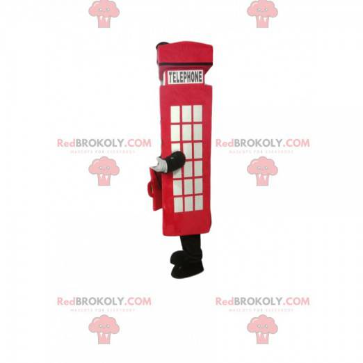 Rotes Telefonzellenmaskottchen mit einem schwarzen Schnurrbart