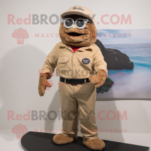 Tan Cod mascot costume character dressed with a Corduroy Pants and Eyeglasses