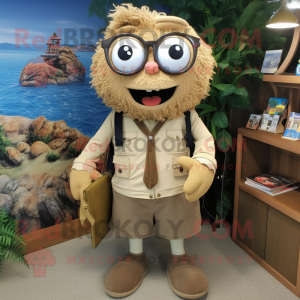 Tan Cod mascot costume character dressed with a Corduroy Pants and Eyeglasses