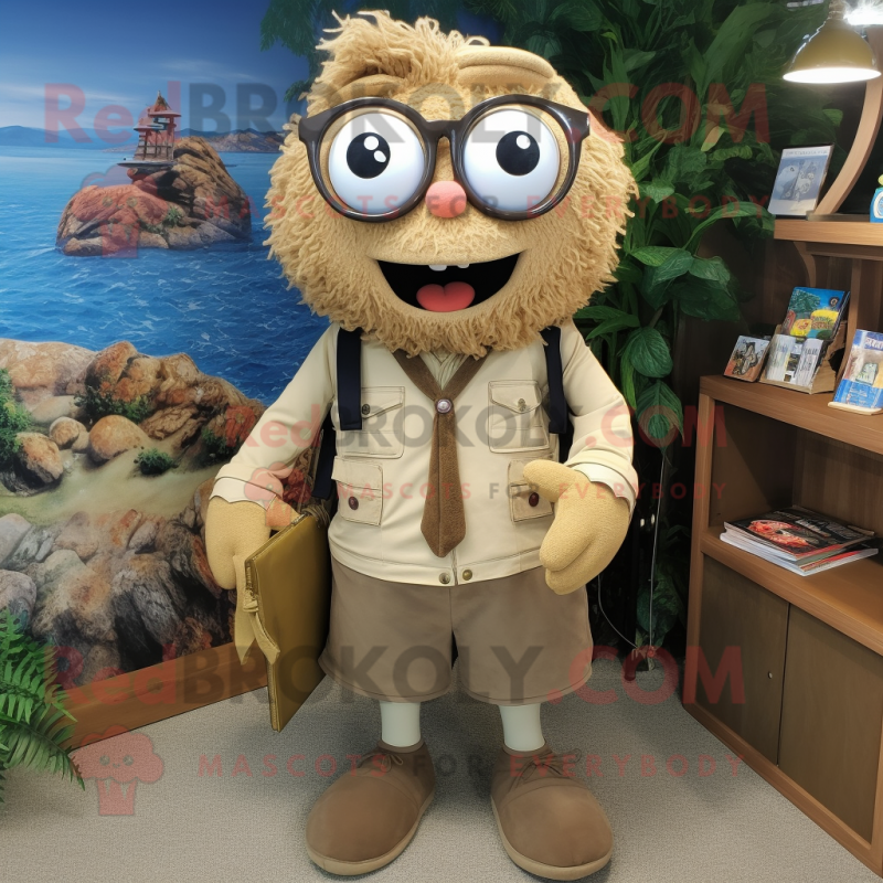 Tan Cod mascot costume character dressed with a Corduroy Pants and Eyeglasses Tan Cod mascot costume character dressed with a Corduroy Pants and Eyeglasses