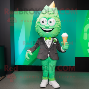 Green Ice Cream Cone mascot costume character dressed with a Blazer and Earrings