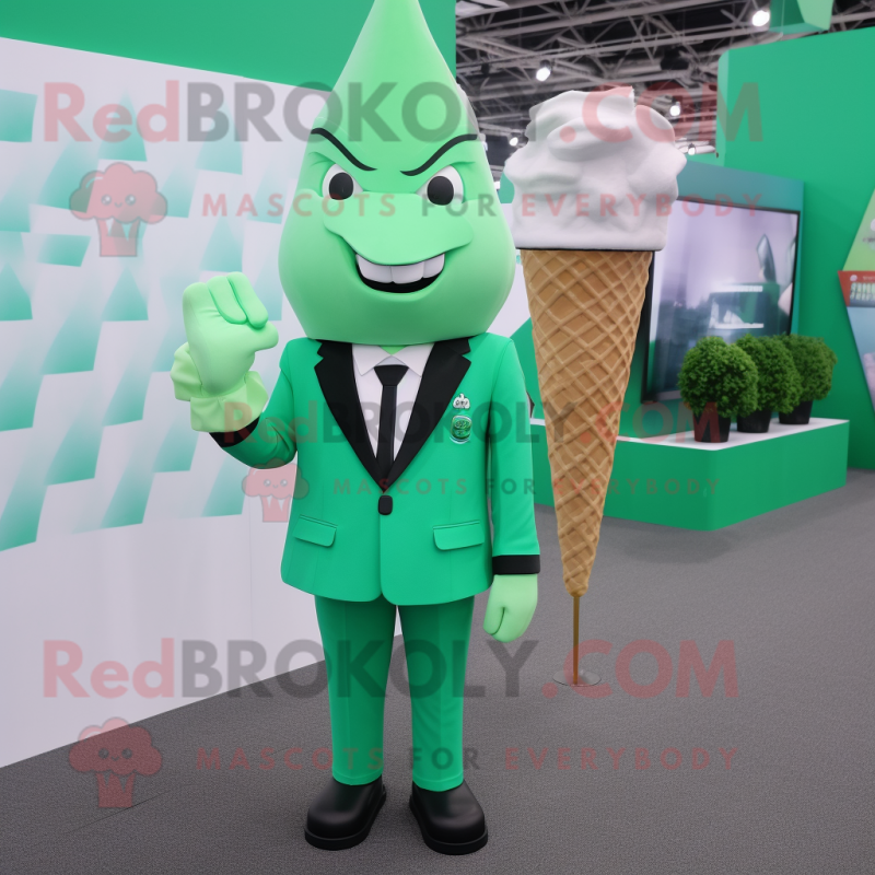 Green Ice Cream Cone mascot costume character dressed with a Blazer and Earrings Green Ice Cream Cone mascot costume character dressed with a Blazer and Earrings