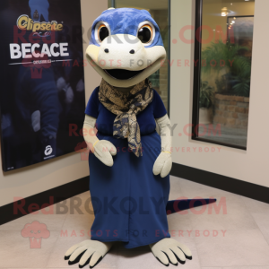 Navy Geckos mascot costume character dressed with a Empire Waist Dress and Scarf clips