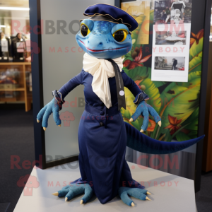 Navy Geckos mascot costume character dressed with a Empire Waist Dress and Scarf clips