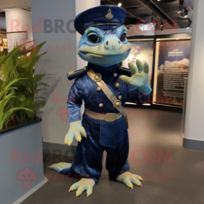Navy Geckos mascot costume character dressed with a Empire Waist Dress and Scarf clips