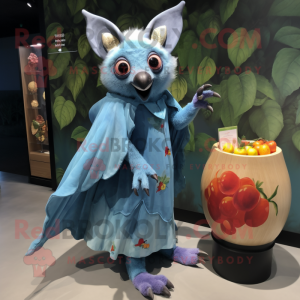 Sky Blue Fruit Bat mascot costume character dressed with a Maxi Dress and Brooches