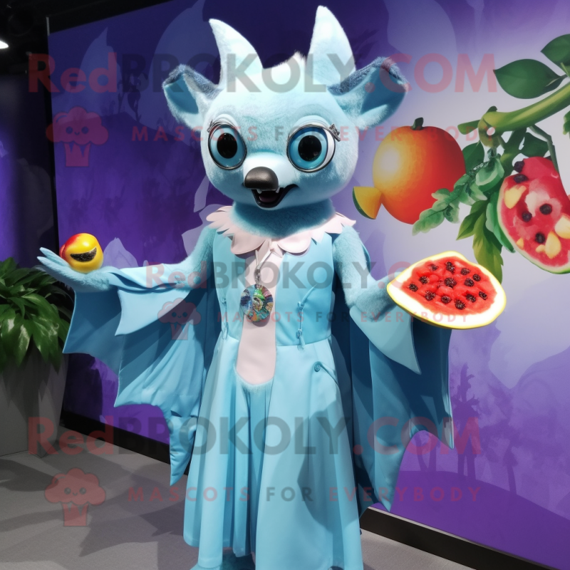 Sky Blue Fruit Bat mascot costume character dressed with a Maxi Dress and Brooches