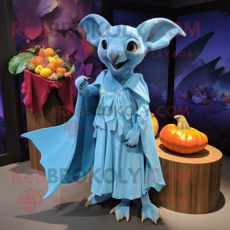 Sky Blue Fruit Bat mascot costume character dressed with a Maxi Dress and Brooches