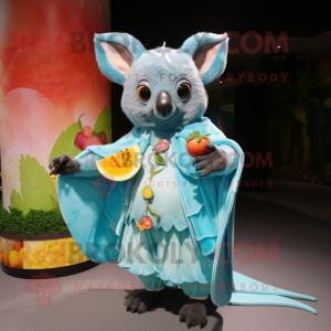 Sky Blue Fruit Bat mascot costume character dressed with a Maxi Dress and Brooches