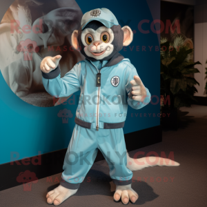 Sky Blue Capuchin Monkey mascot costume character dressed with a Bomber Jacket and Shoe laces