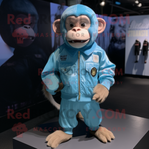Sky Blue Capuchin Monkey mascot costume character dressed with a Bomber Jacket and Shoe laces