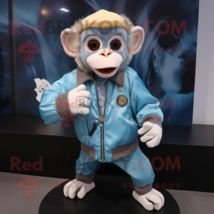 Sky Blue Capuchin Monkey mascot costume character dressed with a Bomber Jacket and Shoe laces