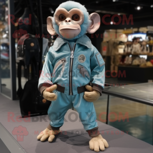 Sky Blue Capuchin Monkey mascot costume character dressed with a Bomber Jacket and Shoe laces