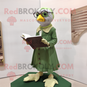 Olive Pigeon mascot costume character dressed with a Shift Dress and Reading glasses