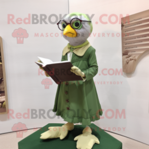 Olive Pigeon mascot costume character dressed with a Shift Dress and Reading glasses