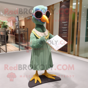Olive Pigeon mascot costume character dressed with a Shift Dress and Reading glasses