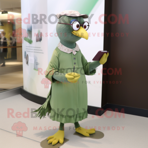 Olive Pigeon mascot costume character dressed with a Shift Dress and Reading glasses