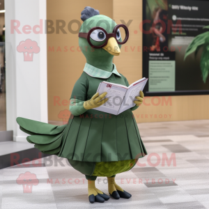 Olive Pigeon mascot costume character dressed with a Shift Dress and Reading glasses