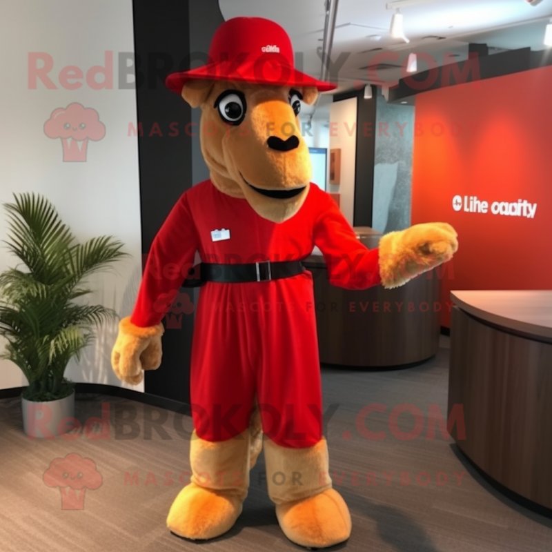 Red Camel mascot costume character dressed with a Jumpsuit and Hats