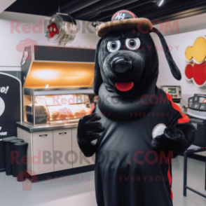 Black Hot Dogs mascot costume character dressed with a Parka and Headbands