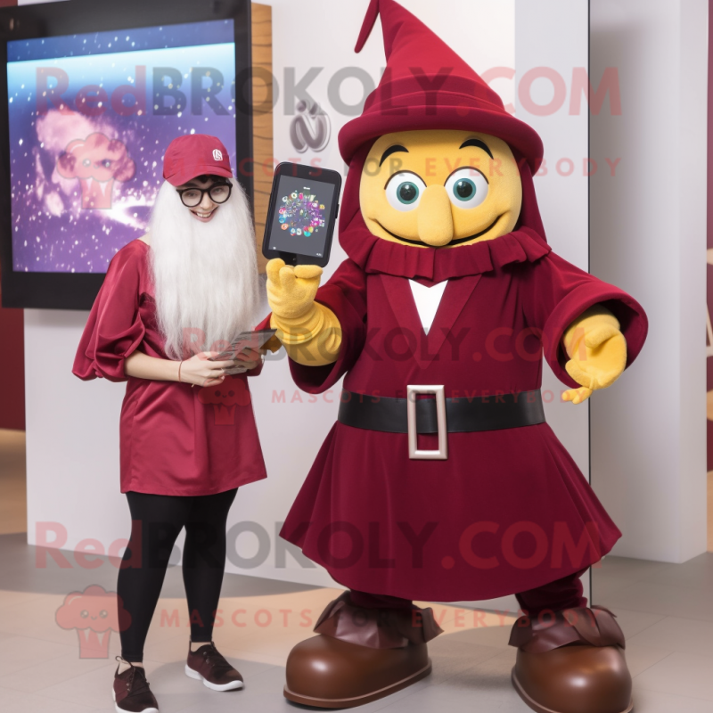 Maroon Wizard mascot costume character dressed with a Mini Dress and Smartwatches