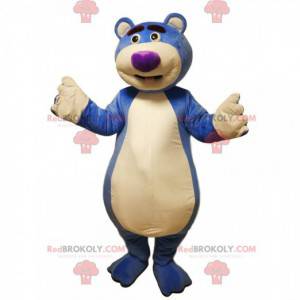 Blue bear mascot with a purple muzzle. Bear costume -