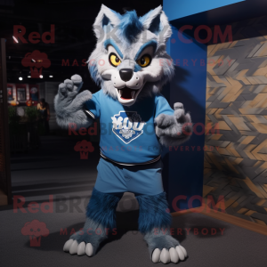Blue Werewolf mascot costume character dressed with a Sweatshirt and Suspenders