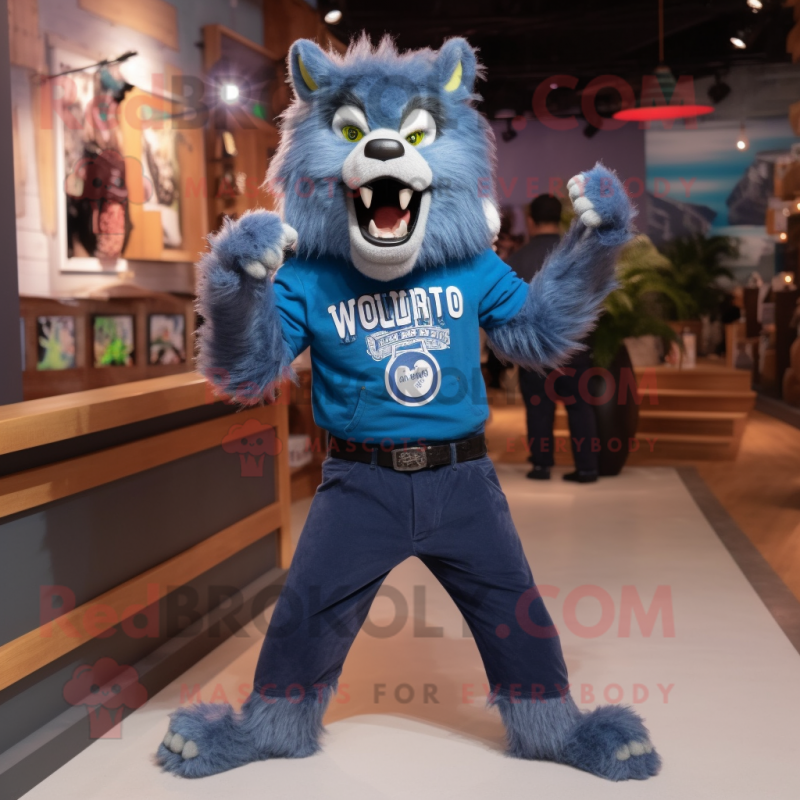 Blue Werewolf mascot costume character dressed with a Sweatshirt and Suspenders Blue Werewolf mascot costume character dressed with a Sweatshirt and Suspenders