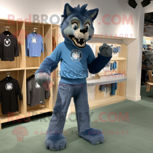 Blue Werewolf mascot costume character dressed with a Sweatshirt and Suspenders