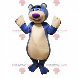 Blue bear mascot with a purple muzzle. Bear costume -