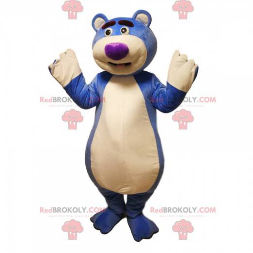 Blå björnmaskot med en lila munkorg. Björn kostym -