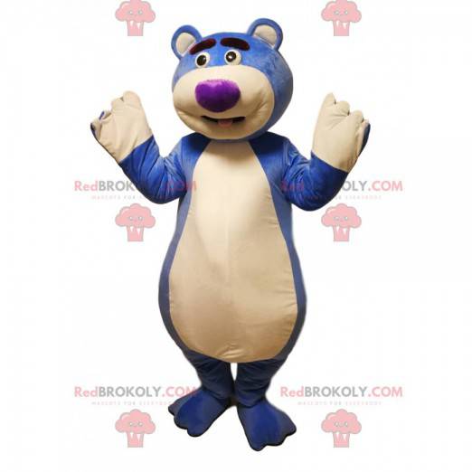 Mascote urso azul com focinho roxo. Fantasia de urso -