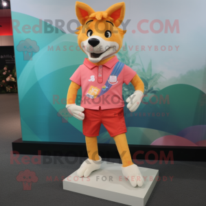 Peach Dingo mascot costume character dressed with a Shorts and Lapel pins
