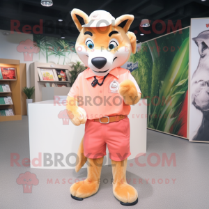 Peach Dingo mascot costume character dressed with a Shorts and Lapel pins