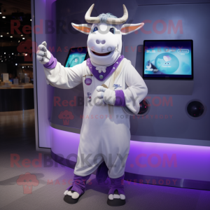 Lavender Zebu mascot costume character dressed with a Jumpsuit and Digital watches